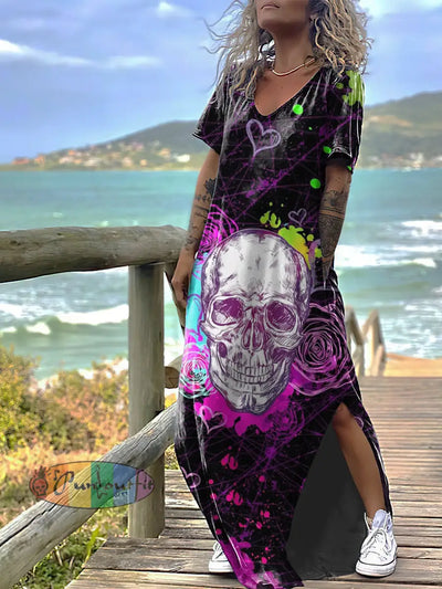 Women’s Gothic Skull Print Design Short Sleeve Maxi Dress Black / S