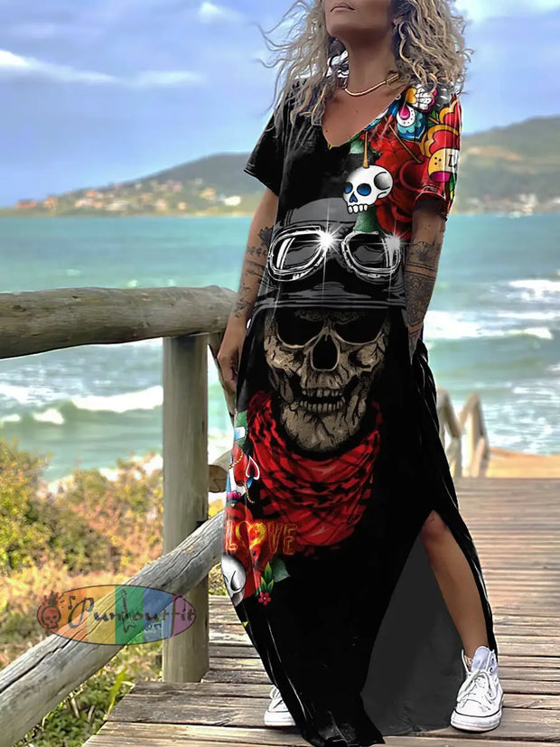 Women’s Gothic Skull Soldier Print Design Short Sleeve Maxi Dress Colorful / S