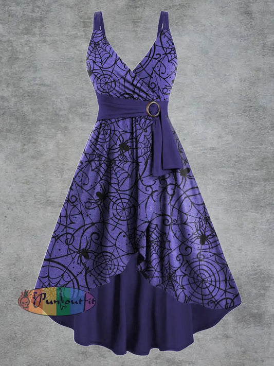 Women’s Gothic Spider Web Print V-neck Belt Camisole Dress Purple / S
