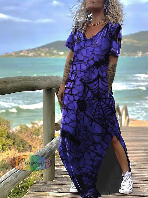 Women’s Gothic Spiders Print Design Short Sleeve Maxi Dress Purple / S