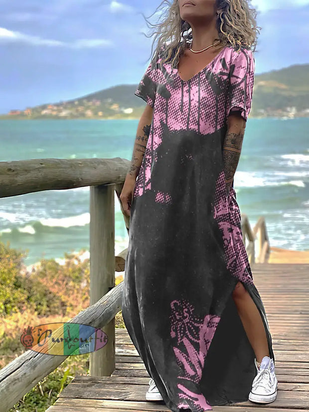 Women’s Gothic Style Abstract Print Design Short Sleeve Maxi Dress Black / S