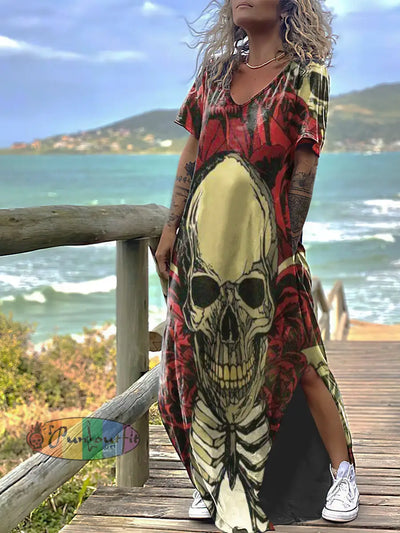 Women’s Gothic Style Skull Print Design Short Sleeve Maxi Dress Colorful / S