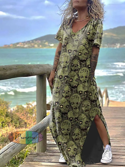 Women’s Gothic Style Zombies Print Design Short Sleeve Maxi Dress Colorful / S