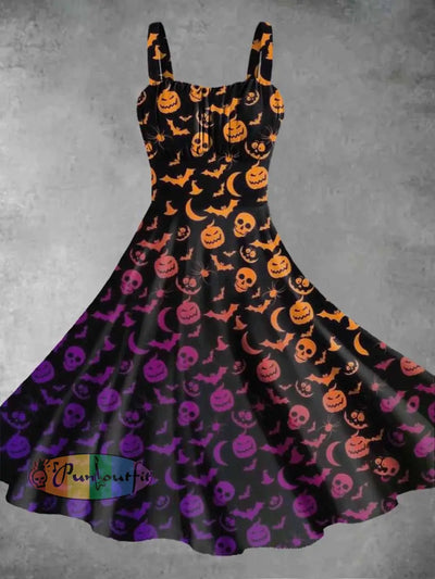 Women’s Halloween Gradient Pumpkin Print Suspender Dress Black / S