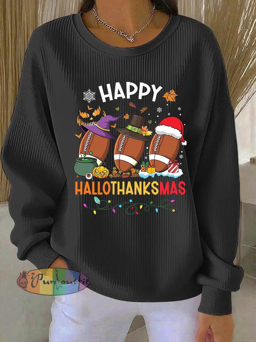 Women‘s Happy Hallothanksmas Football Print Sweatshirt Black / S