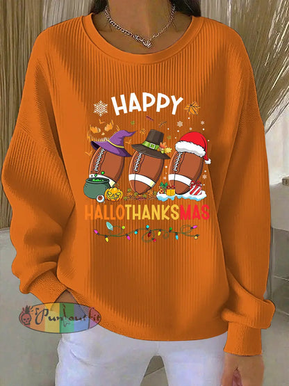 Women‘s Happy Hallothanksmas Football Print Sweatshirt Orange / S