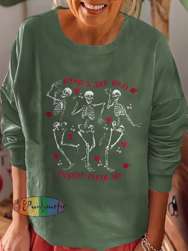 Women`s Happy Skull Love Print Crew Neck Casual Sweatshirt Colorful / S