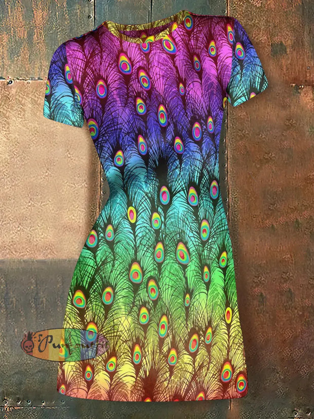 Women’s Hippie Feather Abstract Print Casual Mini Dress Colorful / S