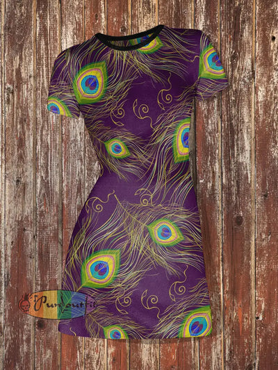 Women’s Hippie Peacock Feathers Abstract Print Casual Mini Dress Colorful / S