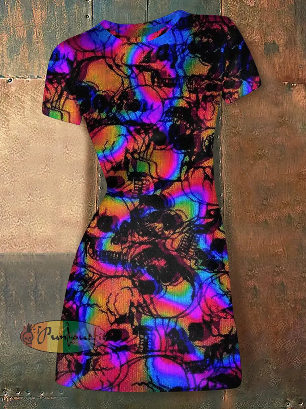 Women’s Hippie Skull Abstract Print Casual Mini Dress Colorful / S