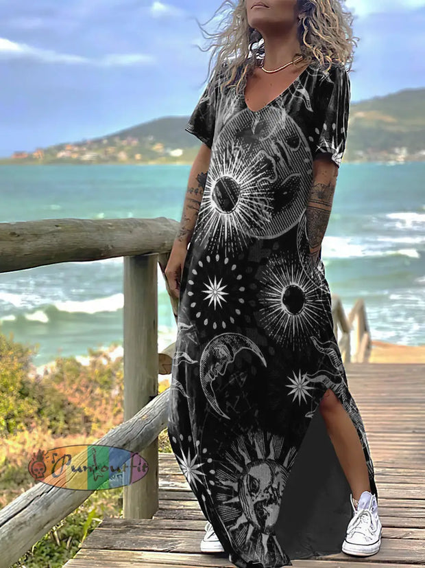 Women’s Hippie Style Star And Moon Print Design Short Sleeve Maxi Dress Black / S