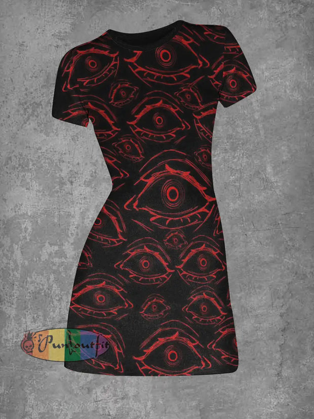 Women’s Horror Eyes Abstract Print Punk Casual Mini Dress Colorful / S