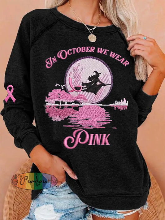 Women’s In October We Wear Pink Halloween Witch Print Breast Cancer Awareness Sweatshirt Black / S