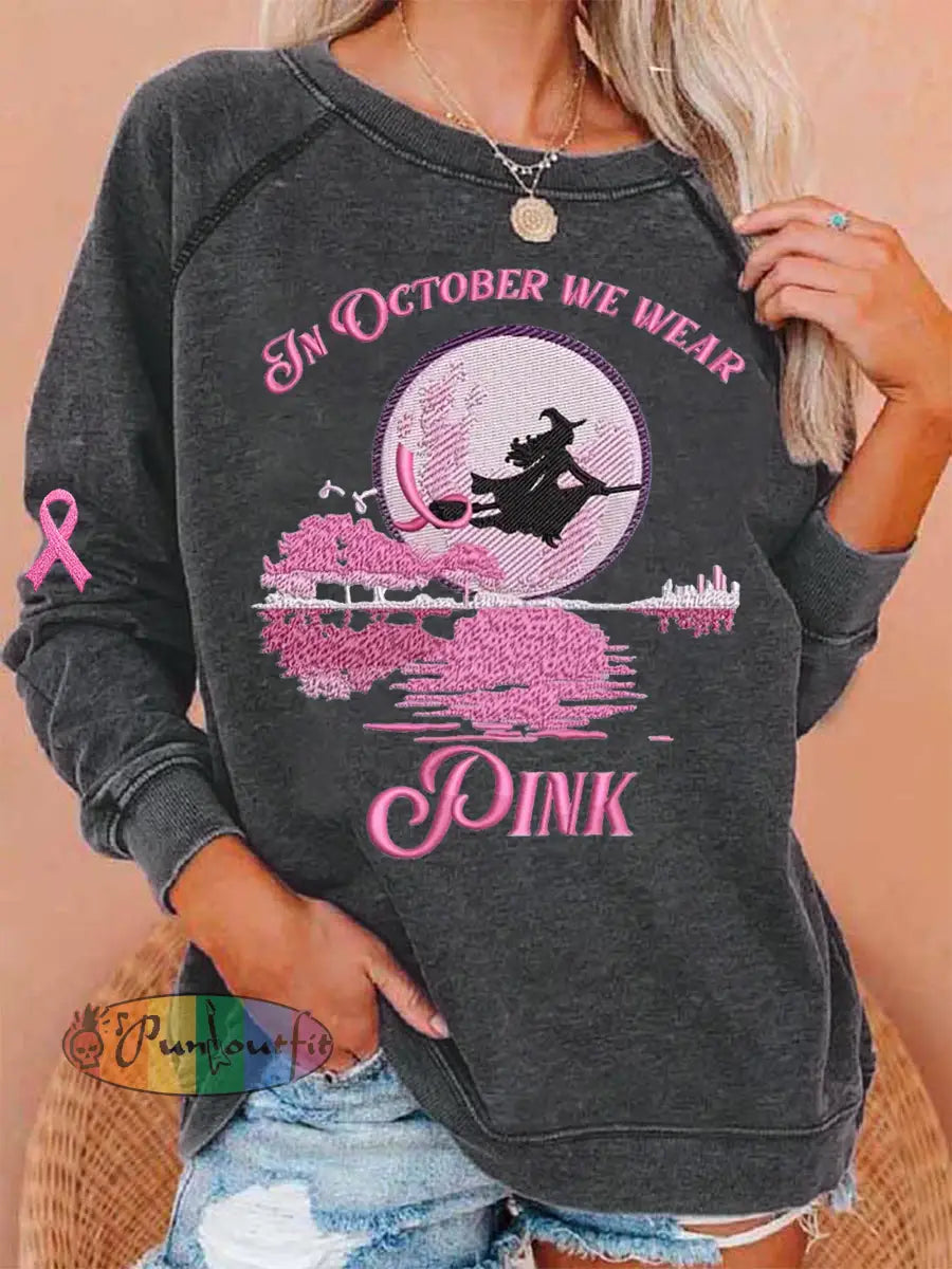 Women’s In October We Wear Pink Halloween Witch Print Breast Cancer Awareness Sweatshirt Dark Gray / S