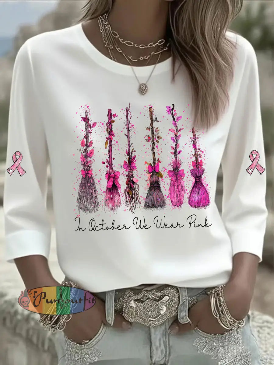 Women’s In October We Wear Pink Printed Casual T shirt White / S