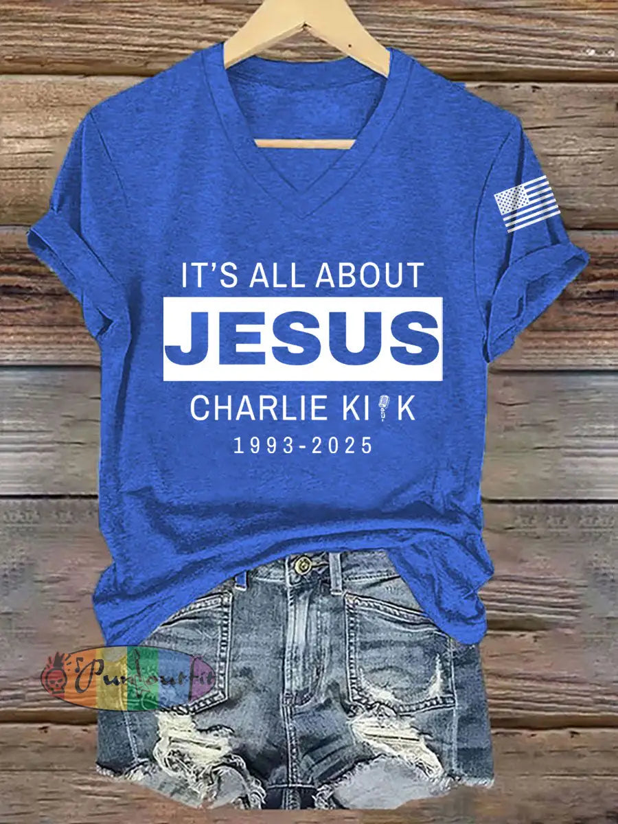 Women’s It’s All About Jesus R.I.P Charlie Kirk Tee Blue / S