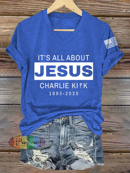 Women’s It’s All About Jesus R.I.P Charlie Kirk Tee Blue / S