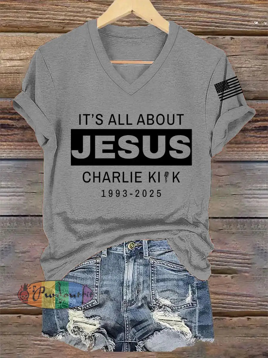 Women’s It’s All About Jesus R.I.P Charlie Kirk Tee Light Gray / S