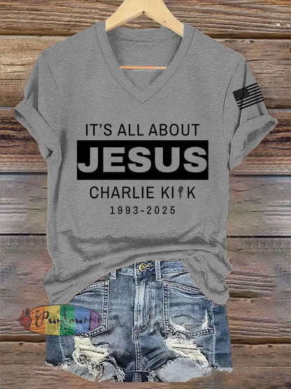 Women’s It’s All About Jesus R.I.P Charlie Kirk Tee Light Gray / S