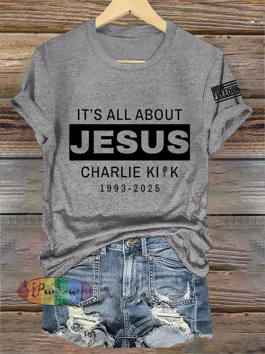 Women’s It’s All About Jesus R.I.P Charlie Kirk Tee Light Gray / S