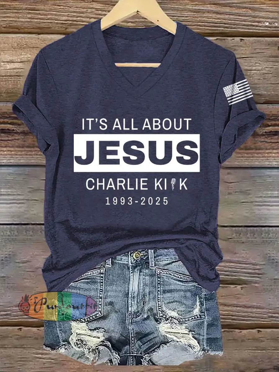 Women’s It’s All About Jesus R.I.P Charlie Kirk Tee Navy Blue / S