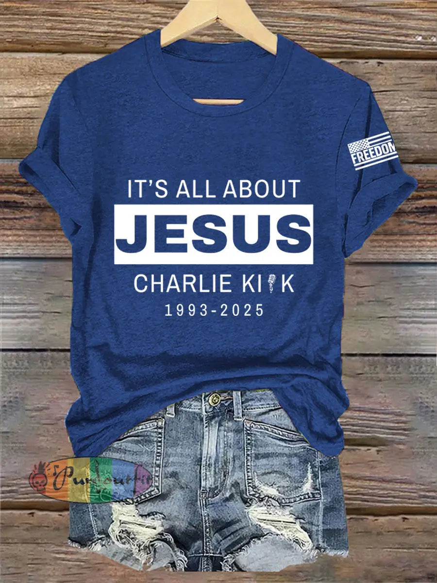 Women’s It’s All About Jesus R.I.P Charlie Kirk Tee Navy Blue / S