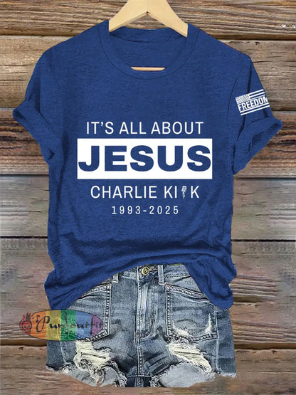 Women’s It’s All About Jesus R.I.P Charlie Kirk Tee Navy Blue / S
