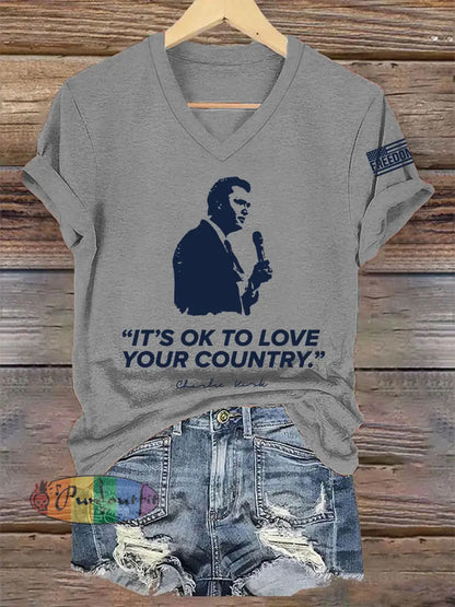 Women’s It’s Ok To Love Your Country R.I.P Charlie Kirk V-Neck Tee Light Gray / S