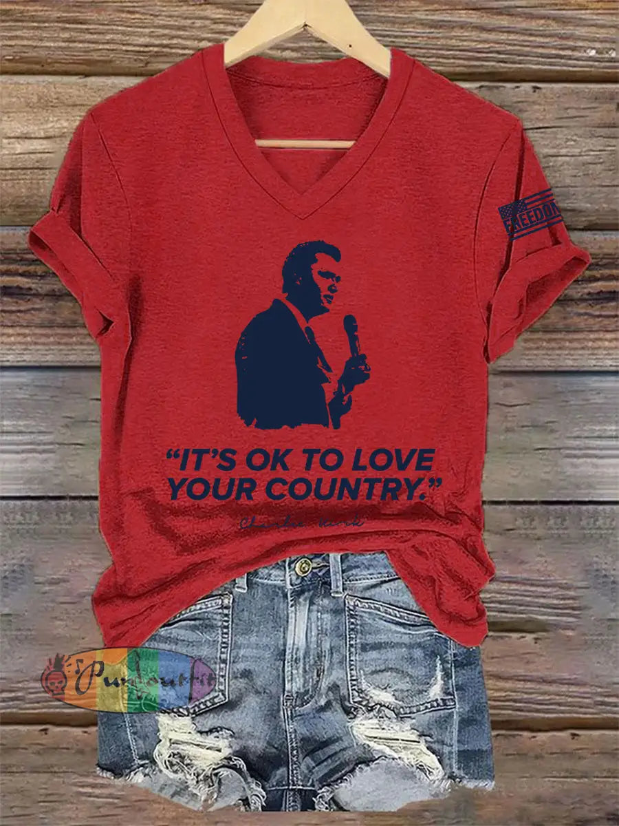 Women’s It’s Ok To Love Your Country R.I.P Charlie Kirk V-Neck Tee Red / S
