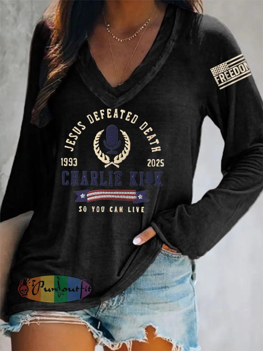 Women’s Jesus Defeated Death So You Can Live R.I.P Charlie Kirk Long-Sleeve T-Shirt Black / S