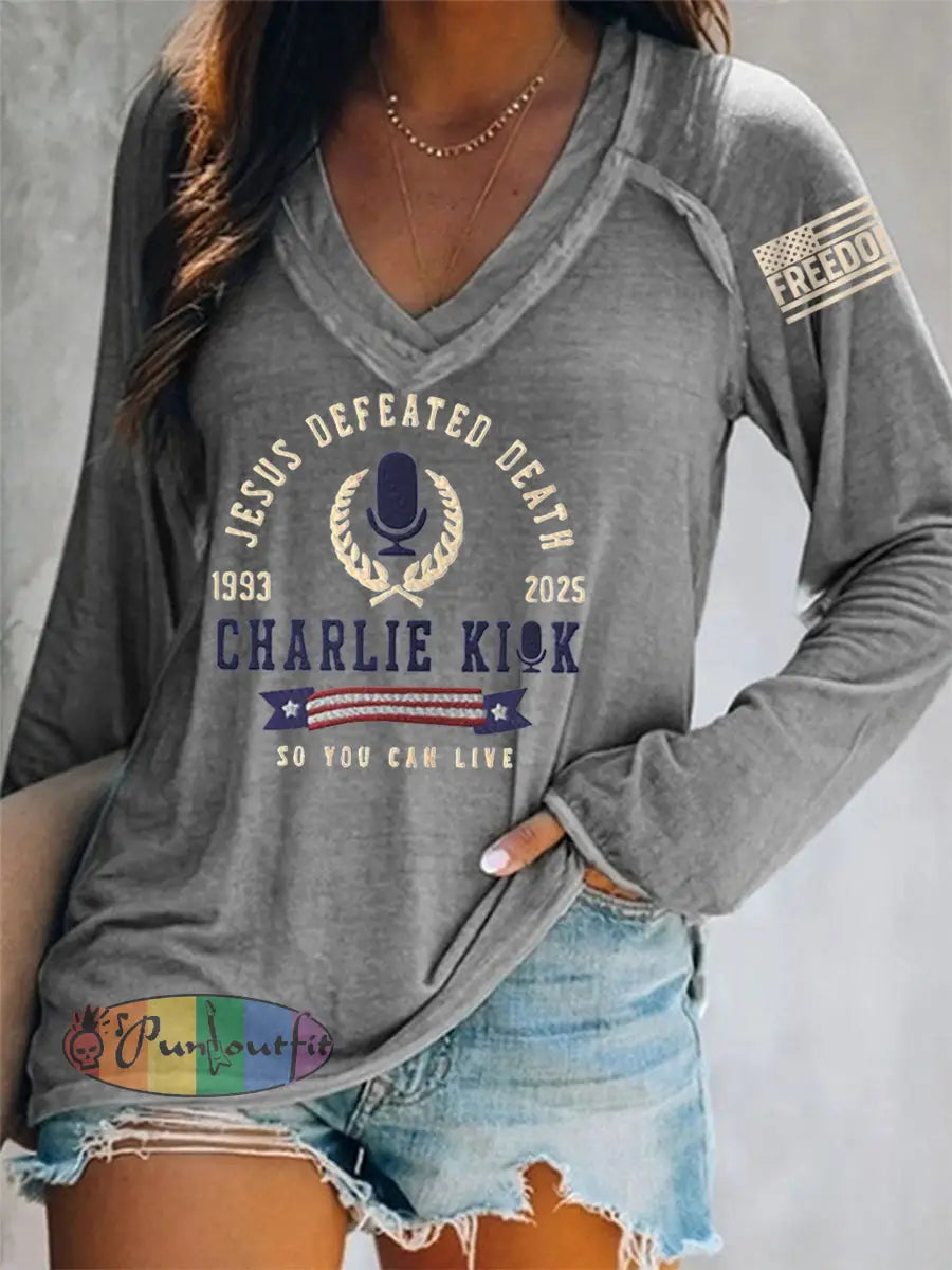 Women’s Jesus Defeated Death So You Can Live R.I.P Charlie Kirk Long-Sleeve T-Shirt Gray / S