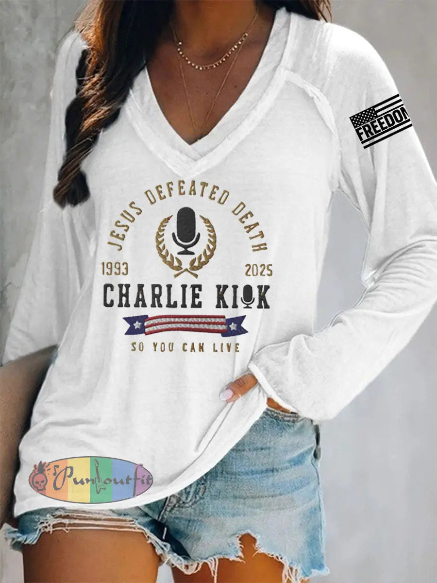 Women’s Jesus Defeated Death So You Can Live R.I.P Charlie Kirk Long-Sleeve T-Shirt White / S