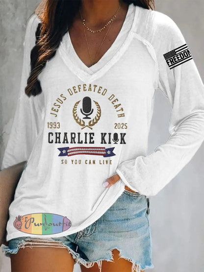 Women’s Jesus Defeated Death So You Can Live R.I.P Charlie Kirk Long-Sleeve T-Shirt White / S