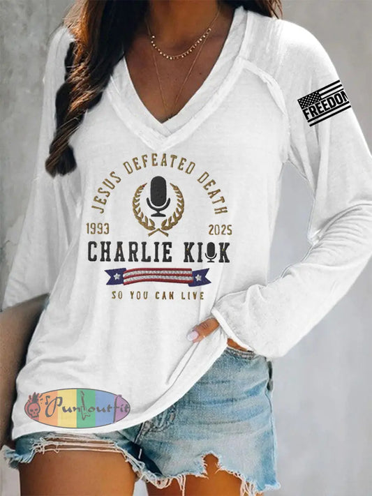 Women’s Jesus Defeated Death So You Can Live R.I.P Charlie Kirk Long-Sleeve T-Shirt White / S