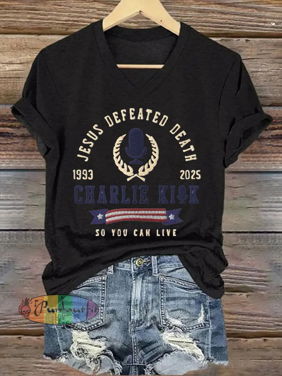 Women’s Jesus Defeated Death So You Can Live R.I.P Charlie Kirk Tee Black / S