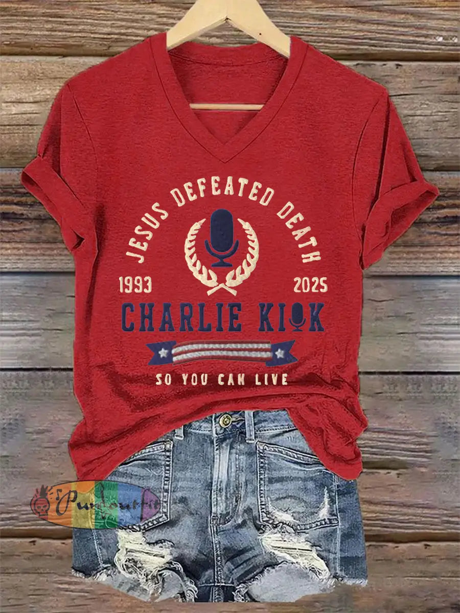 Women’s Jesus Defeated Death So You Can Live R.I.P Charlie Kirk Tee Red / S