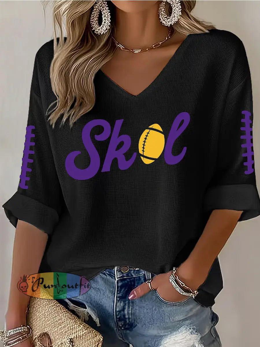 Women’s Let’s SKOL Crazy! Football Fans Lovers Gameday Casual V-Neck Top Black / S