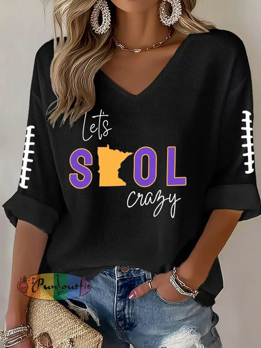 Women’s Let’s SKOL Crazy! Football Fans Lovers Gameday Casual V-Neck Top Black / S