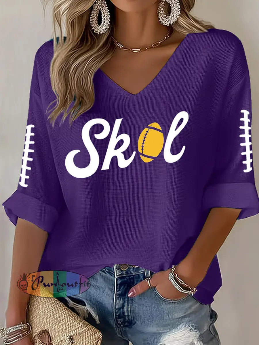 Women’s Let’s SKOL Crazy! Football Fans Lovers Gameday Casual V-Neck Top Purple / S