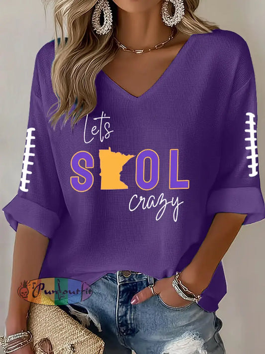 Women’s Let’s SKOL Crazy! Football Fans Lovers Gameday Casual V-Neck Top Purple / S