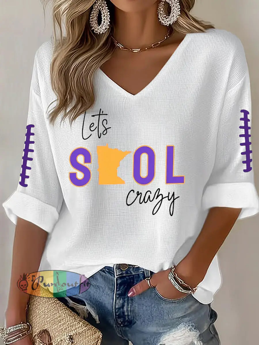 Women’s Let’s SKOL Crazy! Football Fans Lovers Gameday Casual V-Neck Top White / S