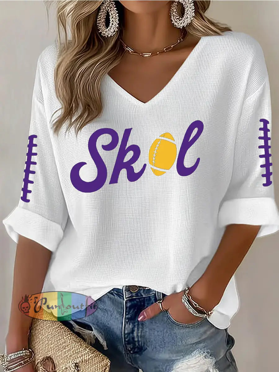 Women’s Let’s SKOL Crazy! Football Fans Lovers Gameday Casual V-Neck Top White / S