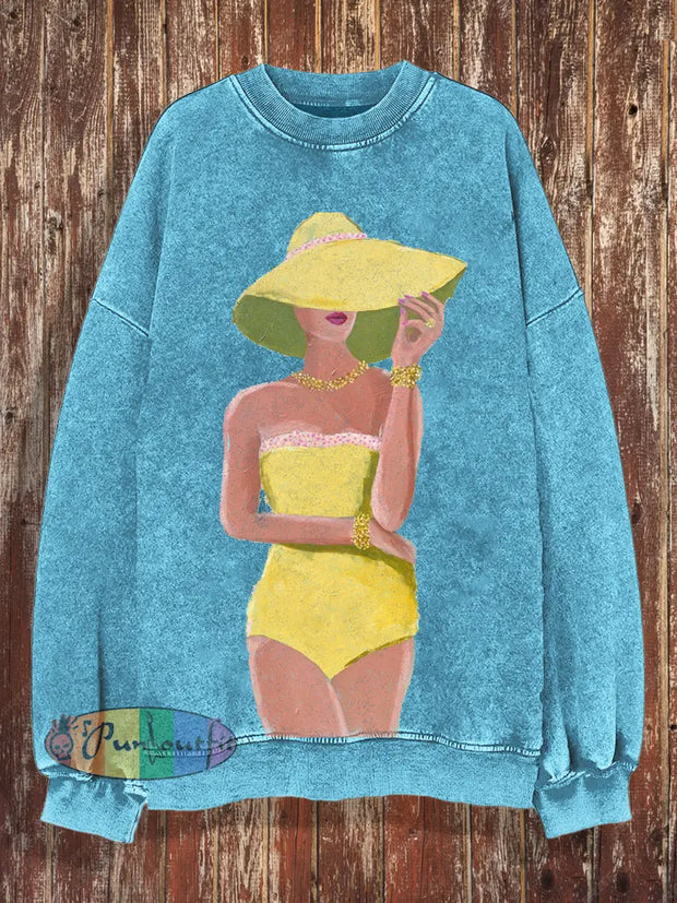 Women’s Loose Basic Printed Long Sleeve Hoodie Light Blue / S