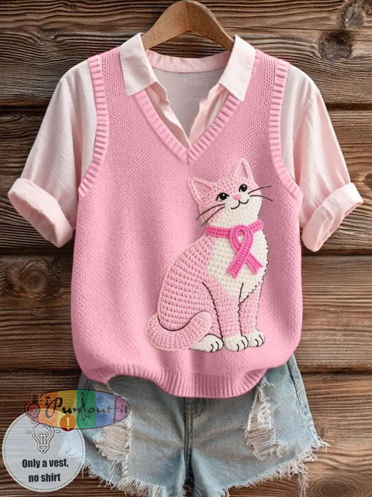 Women’s Lovely Cat Crochet Pattern Cozy Knit Vest Pink / S