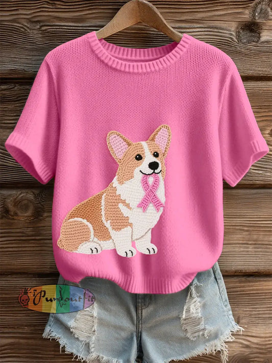 Women’s Lovely Corgi Embroidered Cozy Knit Top Pink / S