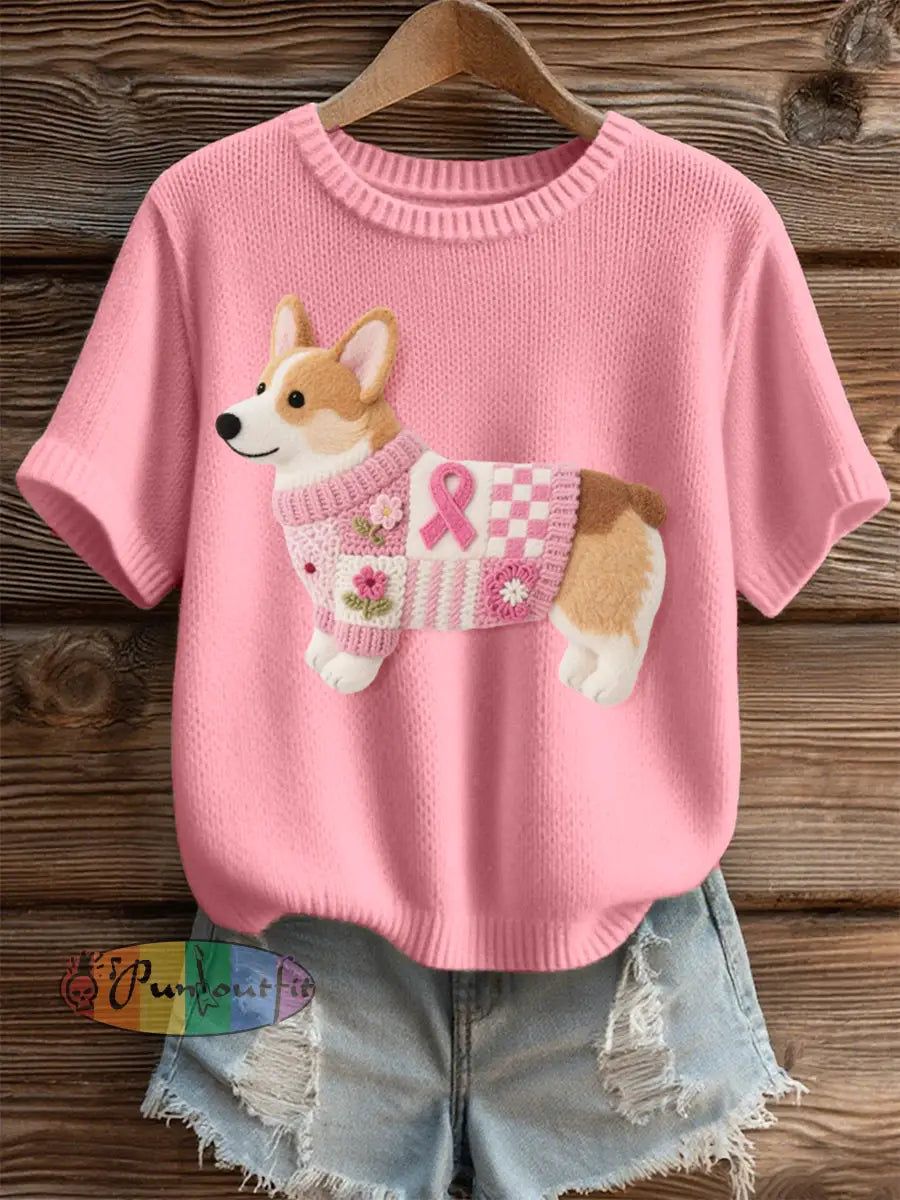 Women’s Lovely Corgi Pattern Felt Art Cozy Knit Top Pink / S