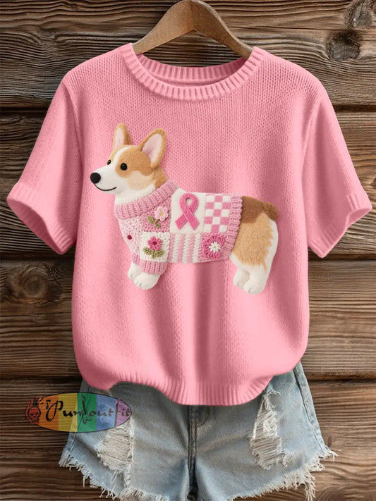 Women’s Lovely Corgi Pattern Felt Art Cozy Knit Top Pink / S