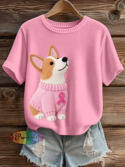 Women’s Lovely Corgi Pattern Felt Art Cozy Knit Top Pink / S