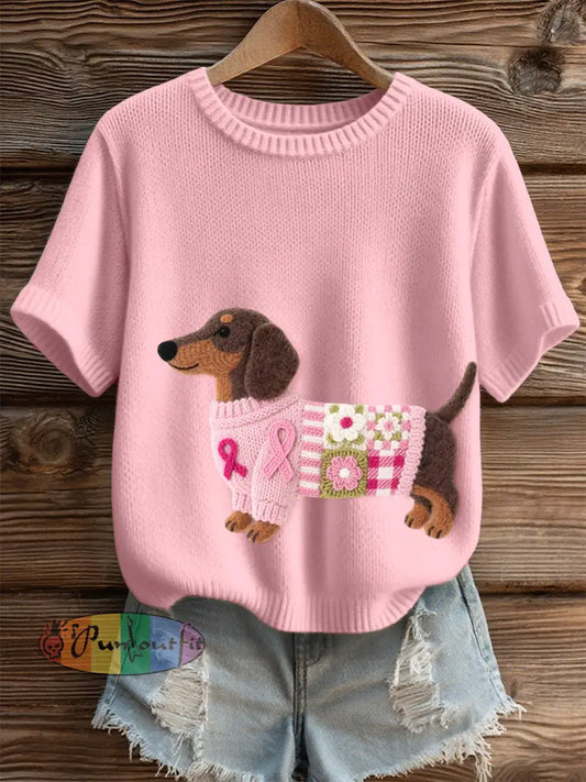 Women’s Lovely Dachshund Pattern Felt Art Cozy Knit Top Pink / S
