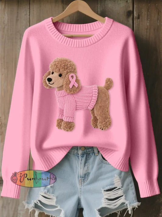 Women’s Lovely Poodle Dog Pattern Cozy Knit Sweater Pink / S